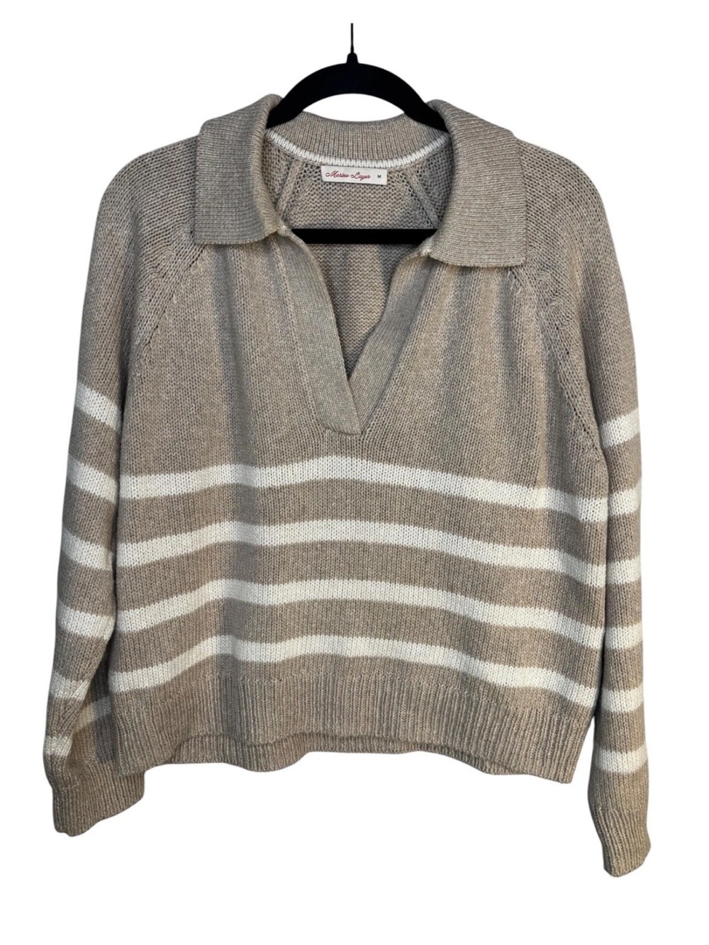 Marine Layer Berkeley Sweater Polo Size Medium M Oatmeal Stripe Wool Blend